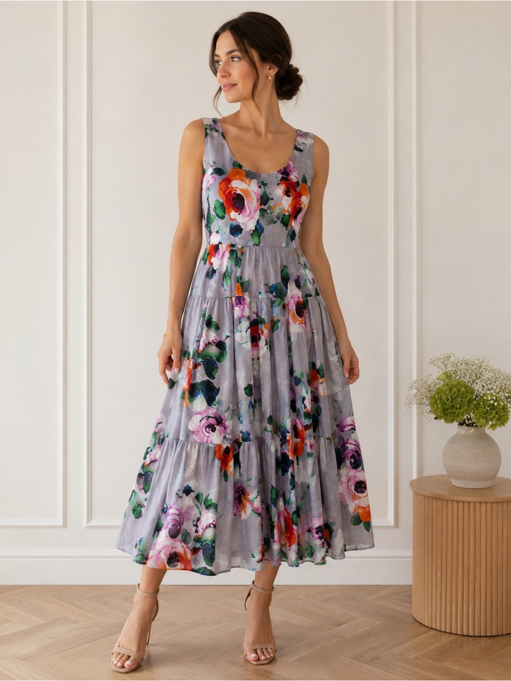 Meg Floral Linen Midi Dress XS Watercolor Rose Print Fit Flare wedding guest